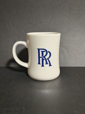 White Ceramic Mug Rolls Royce Blue RR Logo "The Services You Rely On"
